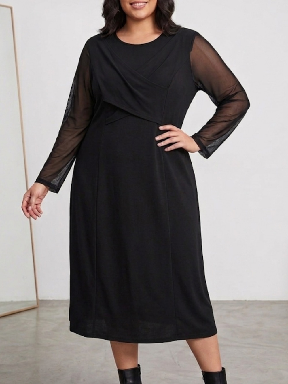 Elegant Black Mesh-Sleeve Women's Dress